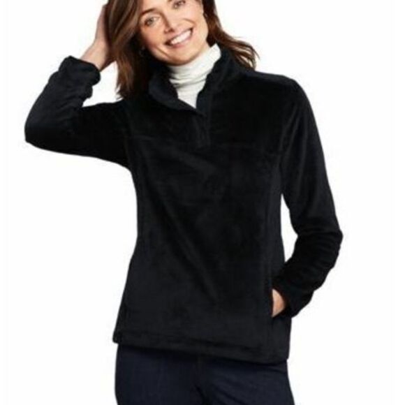 Lands End Black Softest Fleece Snap Neck Pullover Top | Size Medium - Picture 1 of 9